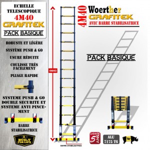 MODELE EXPO - ECHELLE TELESCOPIQUE PLIANTE 4M40 GRAFITEK AVEC BARRE STABILISATRICE - PACK BASIQUE