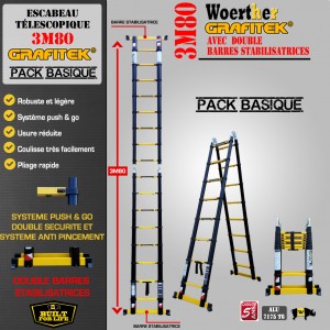 MODELE EXPO - ÉCHELLE ESCABEAU DOUBLE FONCTIONS - 2 BARRES STABILISATRICES - WOERTHER, GRAFITEK 3M80/1M90