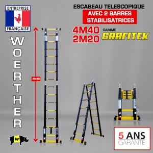 MODELE EXPO - ÉCHELLE ESCABEAU DOUBLE FONCTIONS - 2 BARRES STABILISATRICES - WOERTHER, GRAFITEK 4M40/2M20