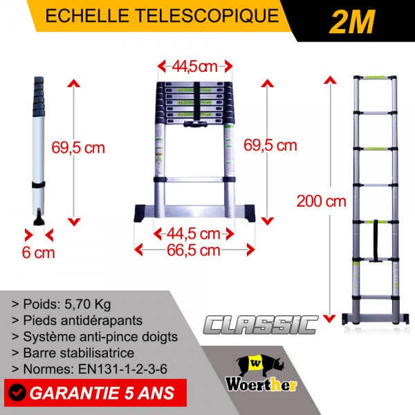 Echelle-escabeau télescopique 3,80m/1,90m Woerther Garantie 5 ans