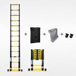 Echelle télescopique 4m40 GRAFITEK avec barre stabilisatrice + roulettes + plateforme porte-outils & peinture