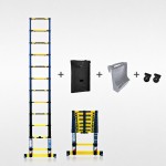 Echelle télescopique 3m80 Grafitek avec barre stabilisatrice + housse + roulettes + plateforme porte-outils & peinture
