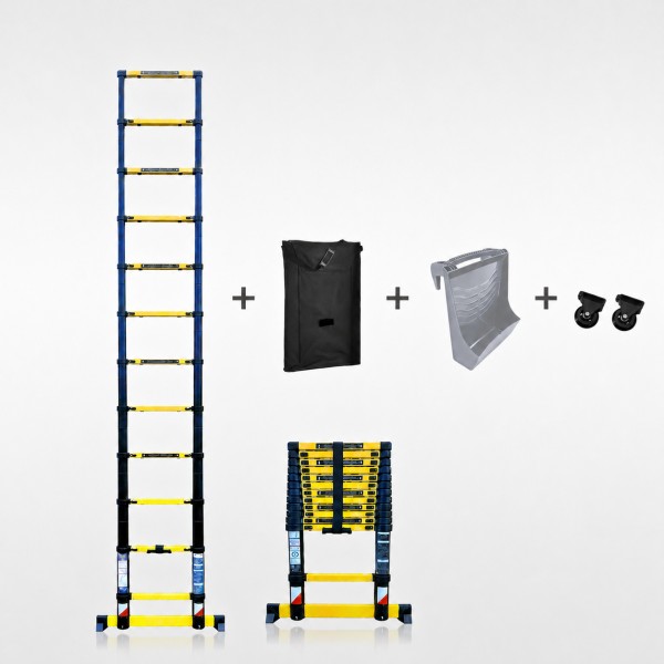 Echelle t&eacute;lescopique 3m80 Grafitek avec barre stabilisatrice + housse + roulettes + plateforme porte-outils & peinture