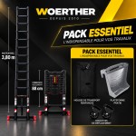 Echelle t&eacute;lescopique 3m80 Grafitek avec barre stabilisatrice + housse + roulettes + plateforme porte-outils & peinture
