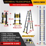 Echelle escabeau telescopique 5M60/2M80 GRAFITEK avec barre stabilisatrice + roulettes + plateforme "PRATIK"
