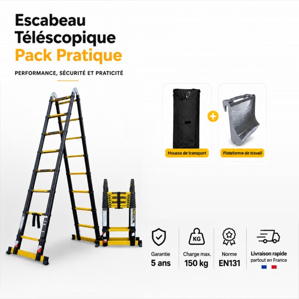 Escabeau T&eacute;lescopique Grafitek 5 m / 2,5m | Pack Pratique