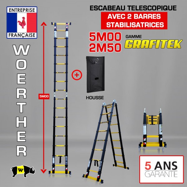 Woerther - Escabeau-échelle télescopique Woerther 5m/2m50 Double