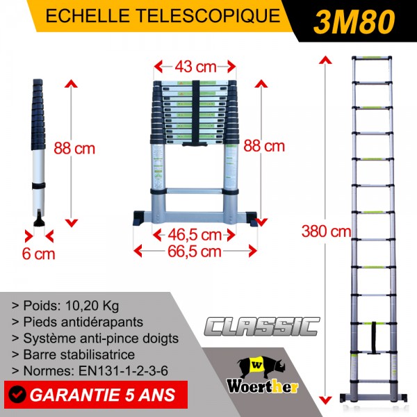 Lot Echelle-escabeau télescopique double barres stabilisatrices 3.80 m-1.90  m +Housse + Plateforme pliante. surface antidérapant
