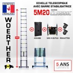Echelle t&eacute;lescopique 5m 20 Classic avec barre stabilisatrice + Housse, Sac &agrave; outils et Roulettes