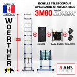 Echelle télescopique 3m80 GRAFITEK avec barres stabilisatrice + Housse + Sac à outils + Roulettes