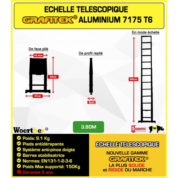 Echelle télescopique WOERTHER GRAFITEK ECH-380-G-P1 3m80 (avec housse)