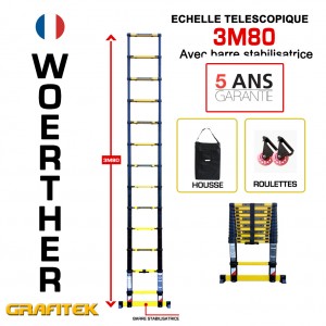 ECHELLE 3M80 GRAFITEK AVEC SA BARRE STABILISATRICE, AVEC HOUSSE ET ROULETTES