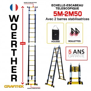 ECHELLE ESCABEAU 2 FONCTIONS - 2 BARRES STABILISATRICES, GRAFITEK 5M/2M50 - PACK 3  (AVEC HOUSSE ET ROULETTES)