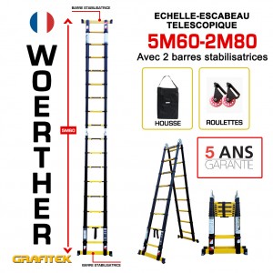 ESCABEAU 2 FONCTIONS WOERTHER 2 BARRES STABILISATRICES, GRAFITEK 5M60/2M80 - PACK 3 AVEC HOUSSE ET ROULETTES