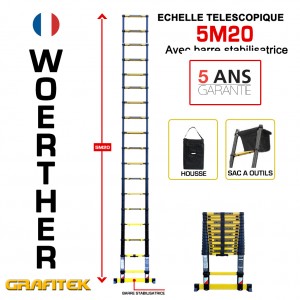 ECHELLE PLIANTE TELESCOPIQUE 5M20 GAMME GRAFITEK AVEC HOUSSE ET SAC PORTE OUTILS