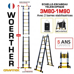 ESCABEAU 2 FONCTIONS - 2 BARRES STABILISATRICES, MODÈLE GRAFITEK 3M80/1.9M - PACK 3 (AVEC HOUSSE ET SAC PORTE OUTILS)