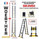 ECHELLE ESCABEAU 2 FONCTIONS - 2 BARRES STABILISATRICES, GRAFITEK 5M/2M50 - PACK 3 (AVEC HOUSSE ET SAC PORTE OUTILS)