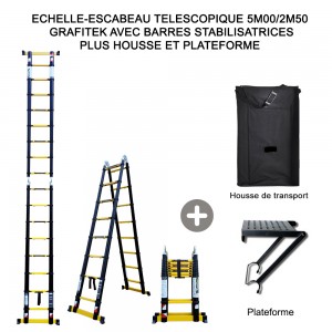 ECHELLE ESCABEAU 2 FONCTIONS - 2 BARRES STABILISATRICES, GRAFITEK 5M/2M50 - PACK 3  (AVEC HOUSSE ET PLATEFORME)