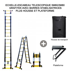 ESCABEAU 2 FONCTIONS WOERTHER 2 BARRES STABILISATRICES, GRAFITEK 5M60/2M80 - PACK 3 AVEC HOUSSE ET PLATEFORME