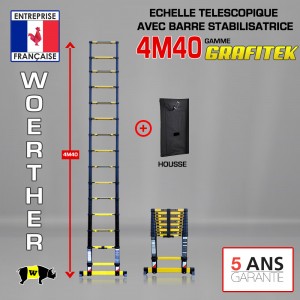 Echelle télescopique 4m 40 Grafitek avec barre stabilisatrice + Housse