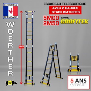 ECHELLE ESCABEAU TELESCOPIQUE WOERTHER DOUBLE BARRES STABILISATRICES, DOUBLE FONCTIONS GRAFITEK 5M/2.5M - PACK BASIQUE 