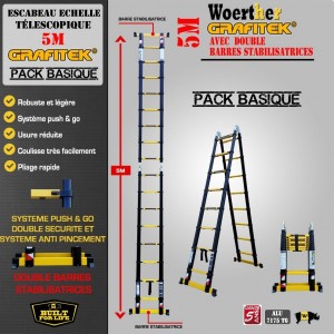 PROMO LEBONCOIN - ECHELLE ESCABEAU TELESCOPIQUE WOERTHER 2 BARRES STABILISATRICES, 2 FONCTIONS GRAFITEK 5M/2.5M