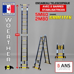 ECHELLE ESCABEAU TELESCOPIQUE WOERTHER DOUBLE BARRES STABILISATRICES, DOUBLE FONCTIONS GRAFITEK 5M60/2M80 - PACK BASIQUE