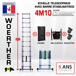 ECHELLE 4M10 AVEC BARRE STABILISATRICE AVEC HOUSSE, SAC PORTE OUTILS ET ROULETTES