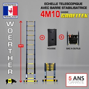 Echelle télescopique 4m 10 Grafitek avec barre stabilisatrice plus housse et sac à outils