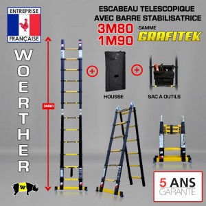 Echelle-escabeau télescopique 3.80m/1.90m Woerther avec housse et sac à  outils
