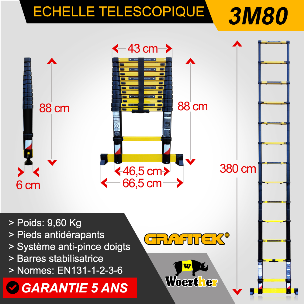 Echelle-escabeau télescopique 3,80m/1,90m Woerther Garantie 5 ans